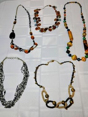 Mixed Bead and Chain Women's Necklaces - Brown and Black Accents, Set of 5